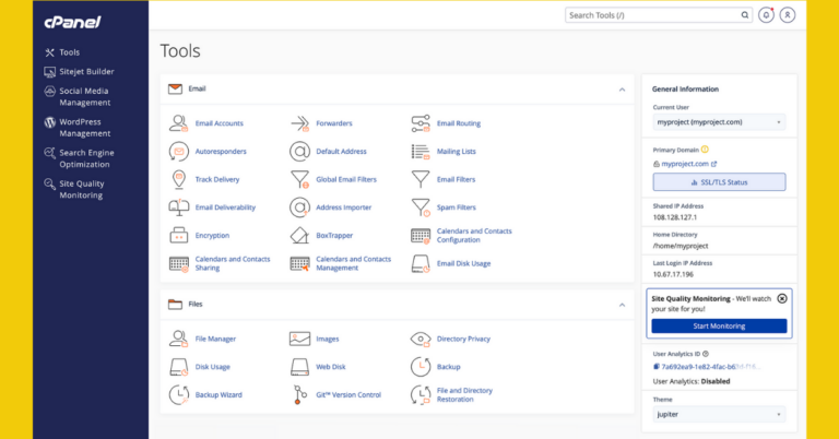 cPanel hosting tools dashboard