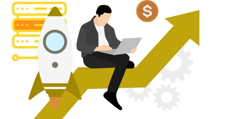Business Startup Illustration alongside a hosting icon