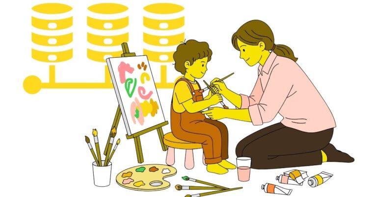 Joyful Nanny and Child Painting Together alongside a hosting solid icon for daycare website hosting