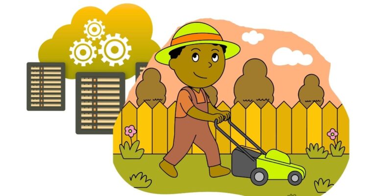 Mowing the lawn character alongside a web hosting icon. landscaping business hosting.