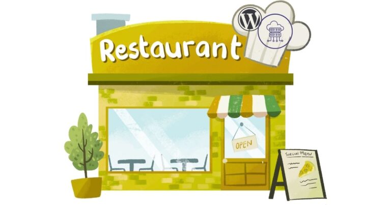 Restaurant build cartoon illustration alongside a web hosting Icon restaurant hosting