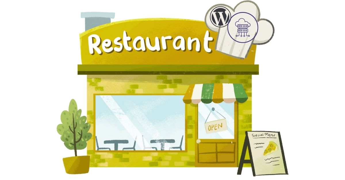Restaurant build cartoon illustration alongside a web hosting Icon restaurant hosting