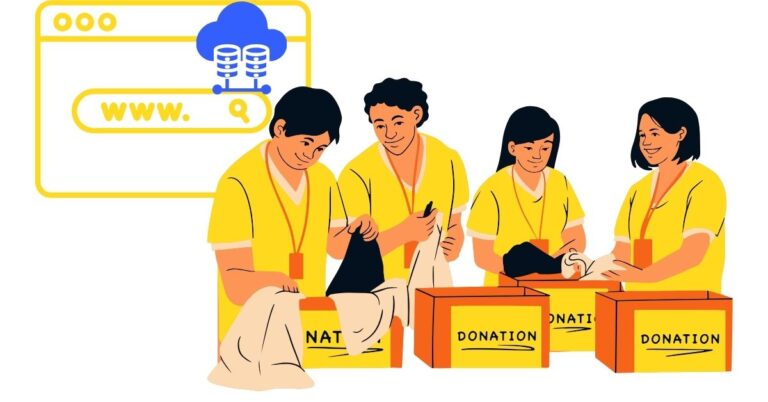 Volunteers Packing Donations alongside a website and hosting icon for nonprofit hosting